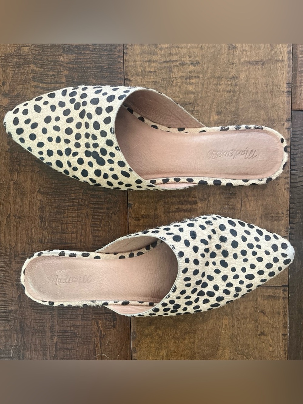 Madewell black and tan leather calf fur mule leopard polka dot flats Sz. 11